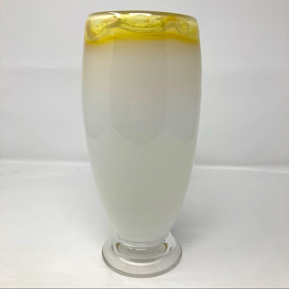Large Hand blown opalescent vase with gold rim